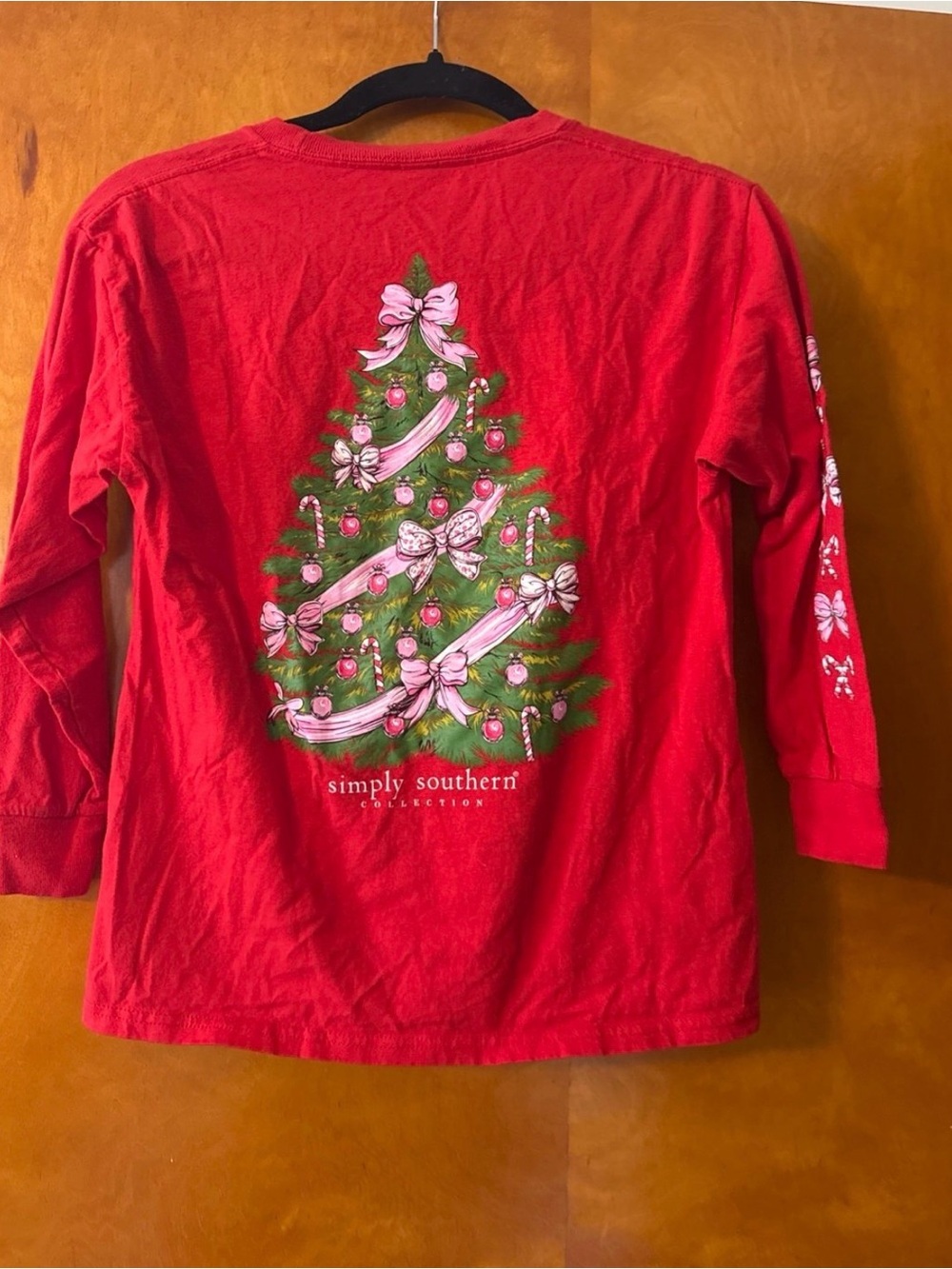 Simply Southern Red Long Sleeve Top with Pink-Trimmed Christmas Tree